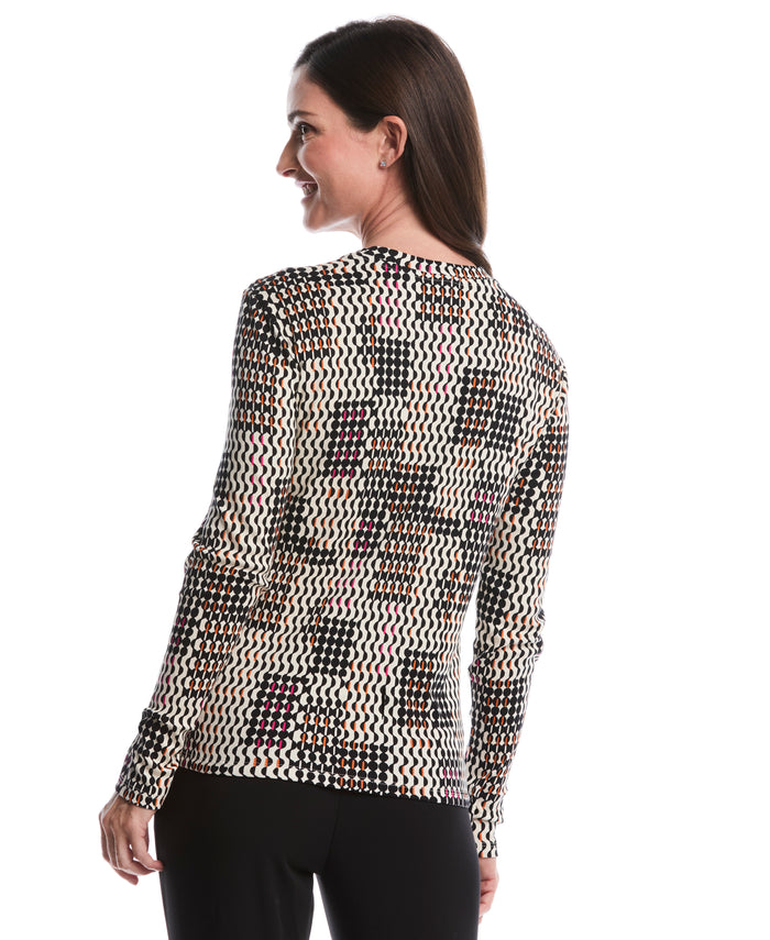 Geo Print Laced Crew Neck Top (Ecru)