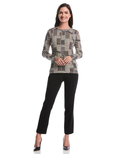 Geo Print Laced Crew Neck Top (Ecru)