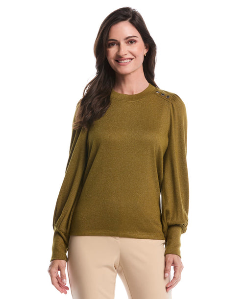 Metallic Puff Sleeve Crew Neck Top (Fir Green)