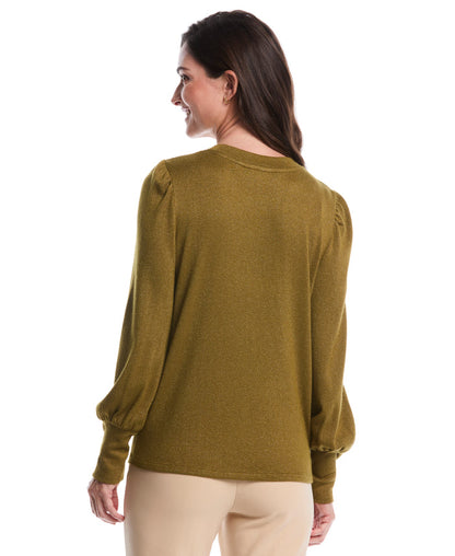 Metallic Puff Sleeve Crew Neck Top (Fir Green)