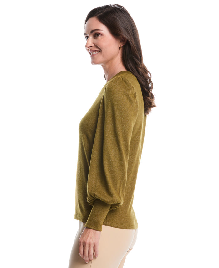 Metallic Puff Sleeve Crew Neck Top (Fir Green)
