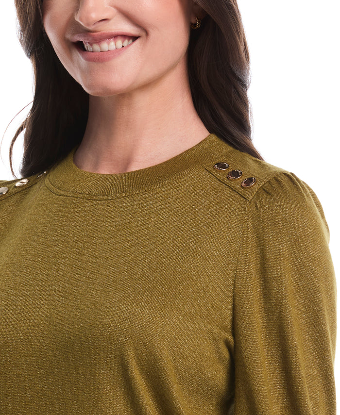 Metallic Puff Sleeve Crew Neck Top (Fir Green)