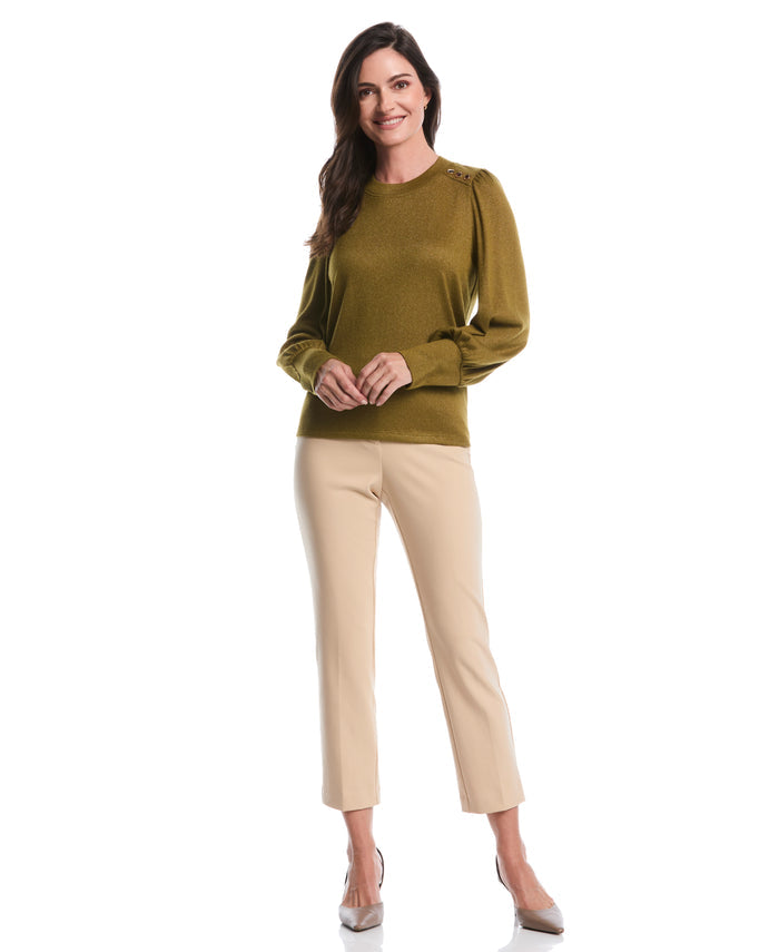 Metallic Puff Sleeve Crew Neck Top (Fir Green)