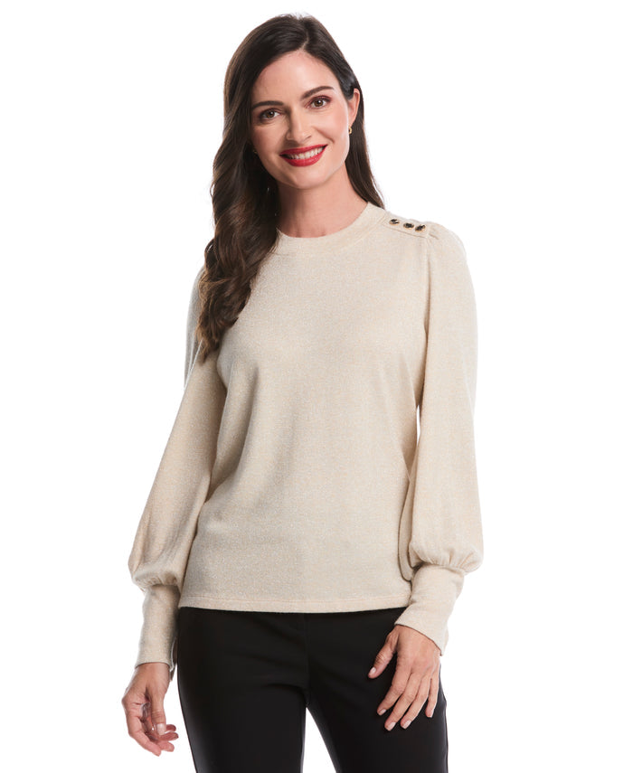 Metallic Puff Sleeve Crew Neck Top (Wheat Heather)