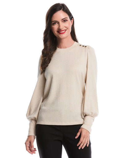Metallic Puff Sleeve Crew Neck Top (Wheat Heather)