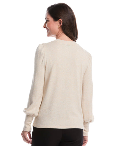 Metallic Puff Sleeve Crew Neck Top (Wheat Heather)