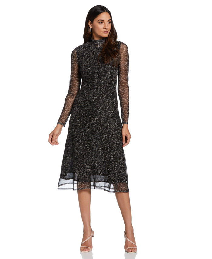 Mock Neck Mesh Midi Dress (Black)