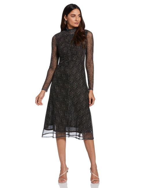 Mock Neck Mesh Midi Dress (Black)