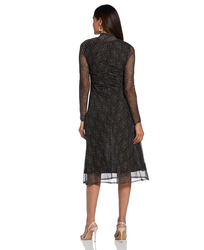 Mock Neck Mesh Midi Dress (Black)