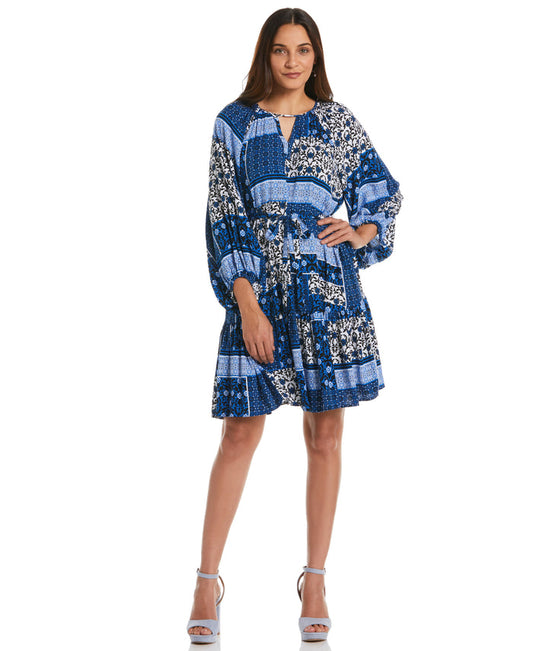 Paisley Print Flounce Dress with Self Fabric Tie (Princess Blue)