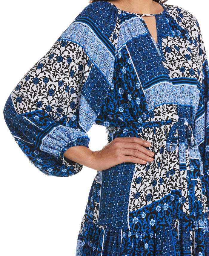 Paisley Print Flounce Dress with Self Fabric Tie (Princess Blue)