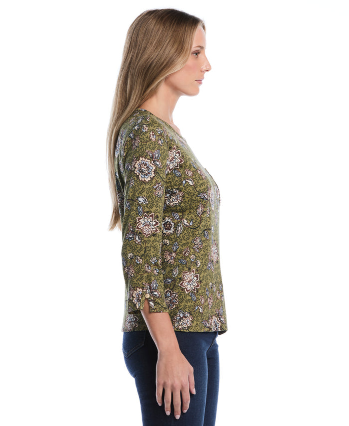 Petite Floral Print Button Trim Top (Dried Herb)