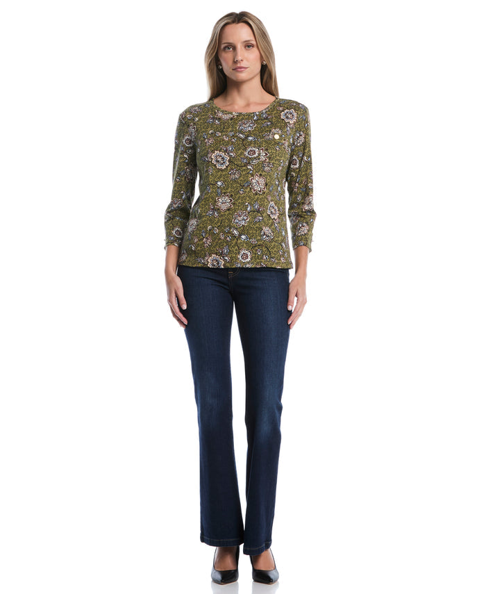 Petite Floral Print Button Trim Top (Dried Herb)