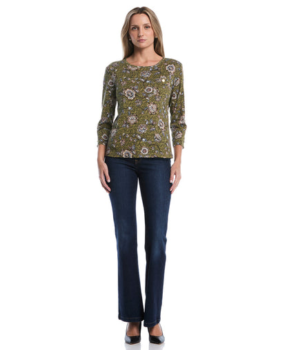 Petite Floral Print Button Trim Top (Dried Herb)
