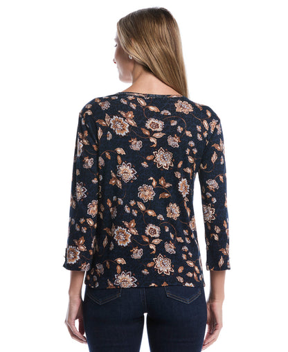 Petite Floral Print Button Trim Top (Blue Blizzard)