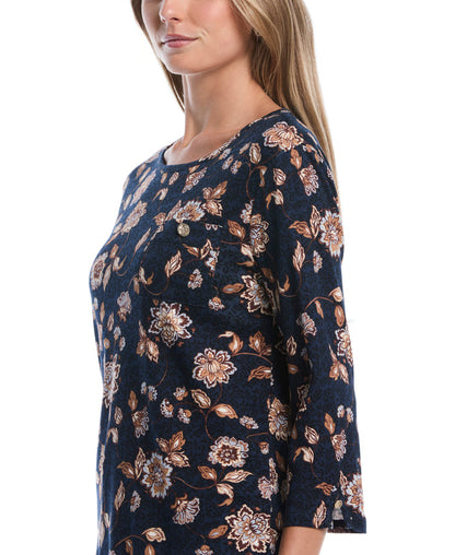 Petite Floral Print Button Trim Top (Blue Blizzard)