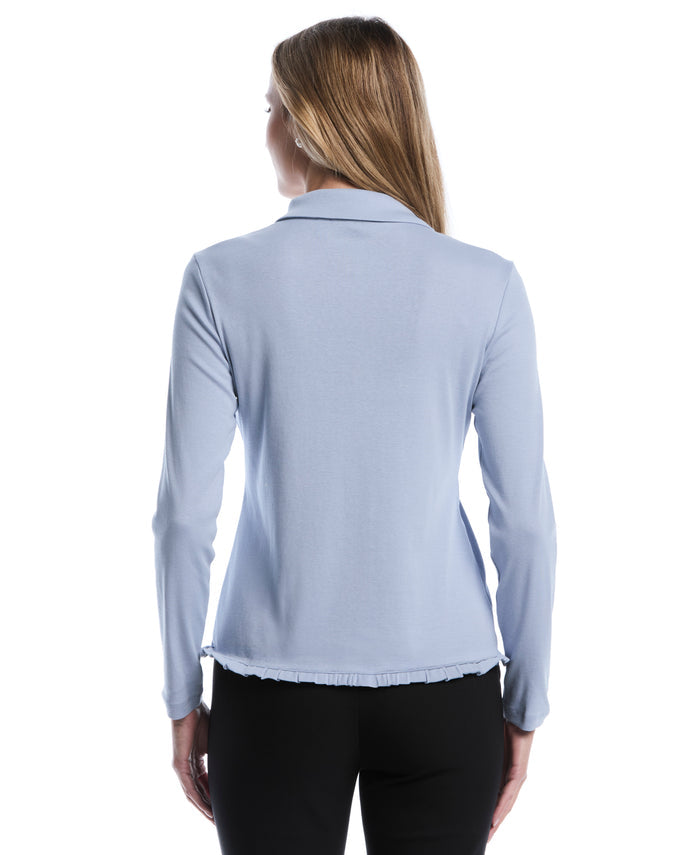 Petite Ruffle Trim Button-Up Top (Blue Blizzard)