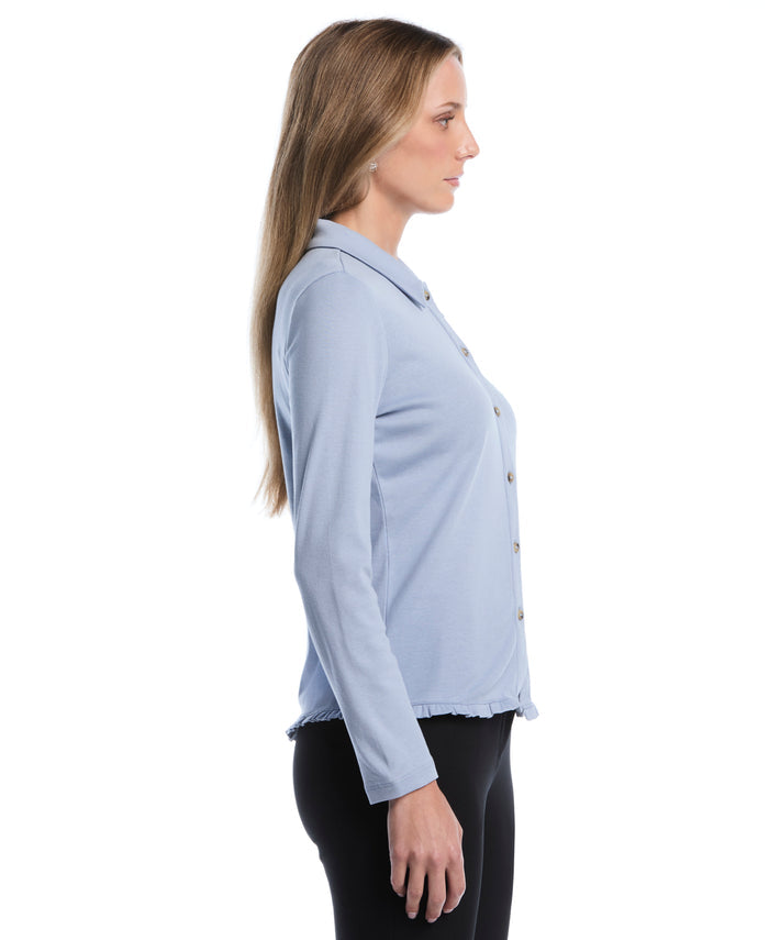 Petite Ruffle Trim Button-Up Top (Blue Blizzard)