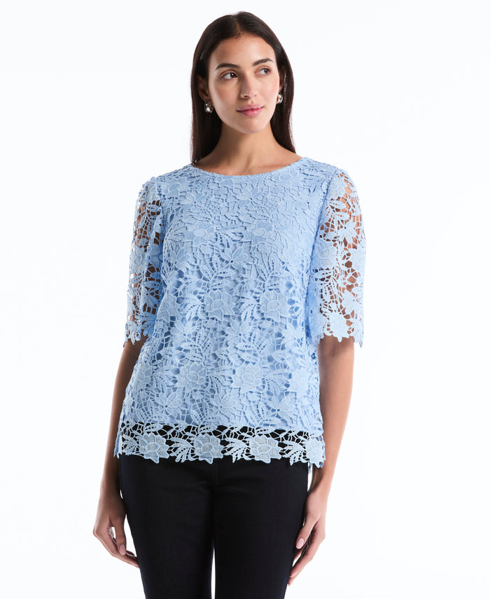 Petite Scalloped Lace Top (Cerulean)