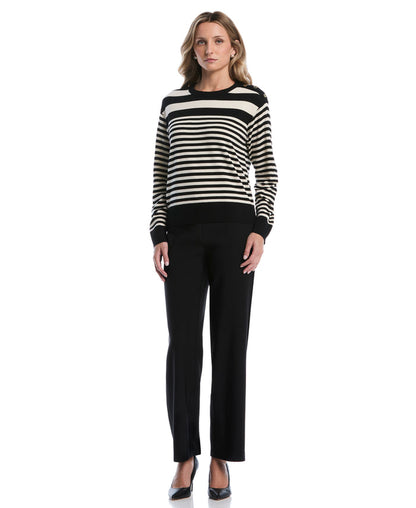 Petite Striped Rib Trim Crewneck Sweater (Black)