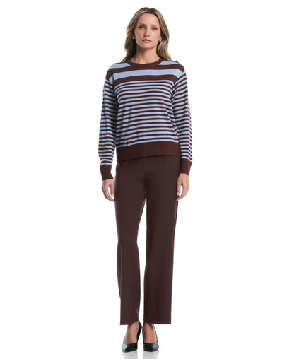 Petite Striped Rib Trim Crewneck Sweater (Blue Blizzard)