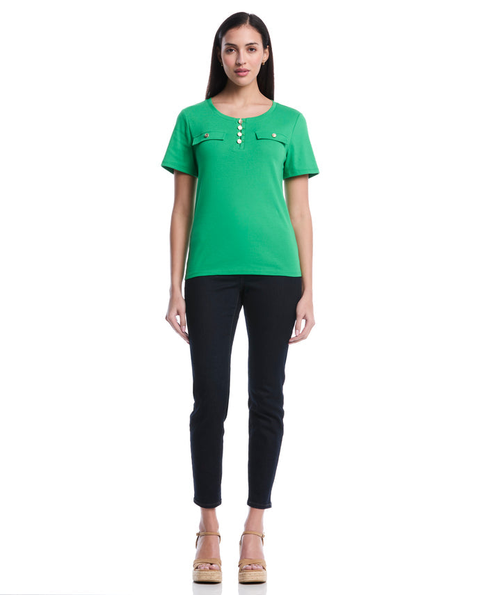 Petite Welt Pocket Button Detail Top (Fern Green)