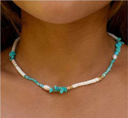 PINEAPPLE LOVE IS HERE NATURAL STONE/ BLUE , PEARL & SHELL NECKLACE- LIMN-008