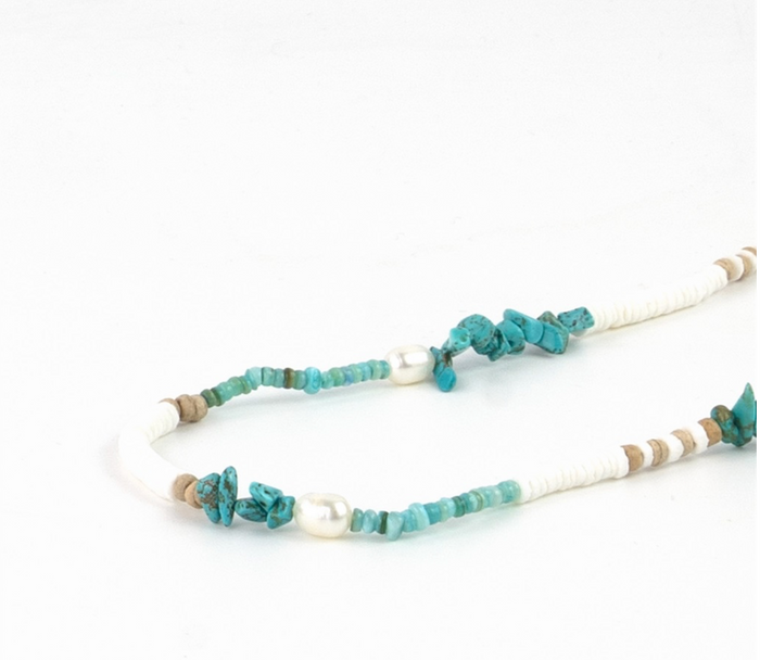 PINEAPPLE LOVE IS HERE NATURAL STONE/ BLUE , PEARL & SHELL NECKLACE- LIMN-008