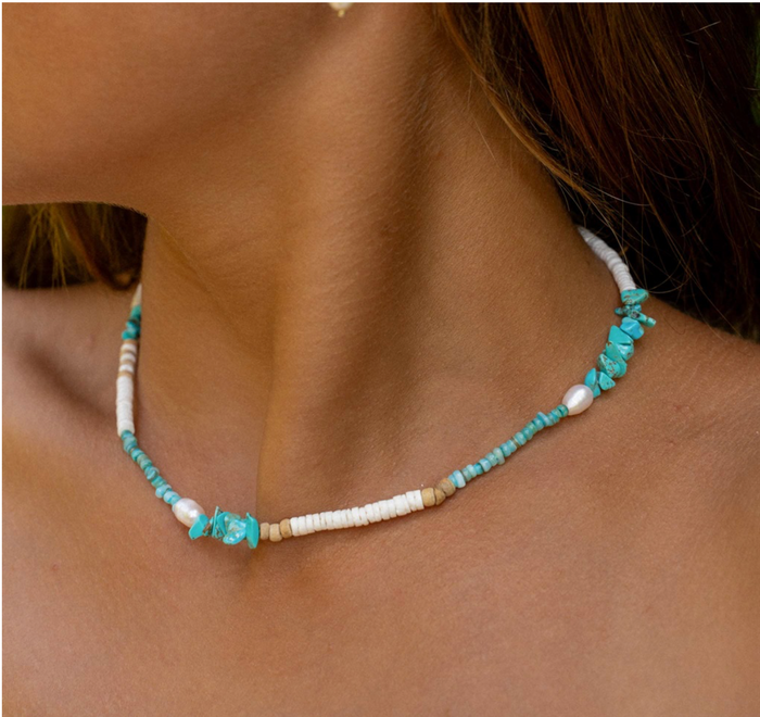 PINEAPPLE LOVE IS HERE NATURAL STONE/ BLUE , PEARL & SHELL NECKLACE- LIMN-008