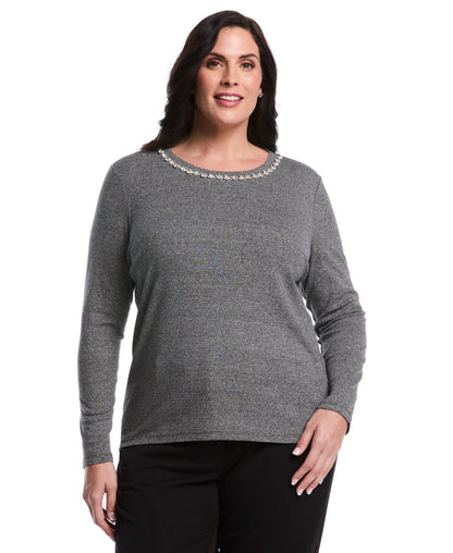 Plus Size Embellished Neck Top (Salt & Pepper Heather)