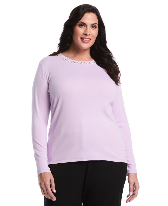 Plus Size Embellished Neck Top (Orchid Bloom)