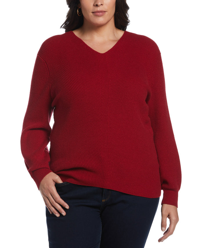 Essential Ribbed V-Neck Sweater (Ruby)