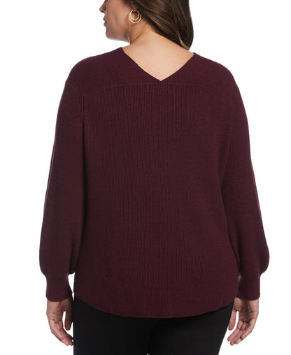 Essential Ribbed V-Neck Sweater (Winetasting Heather)
