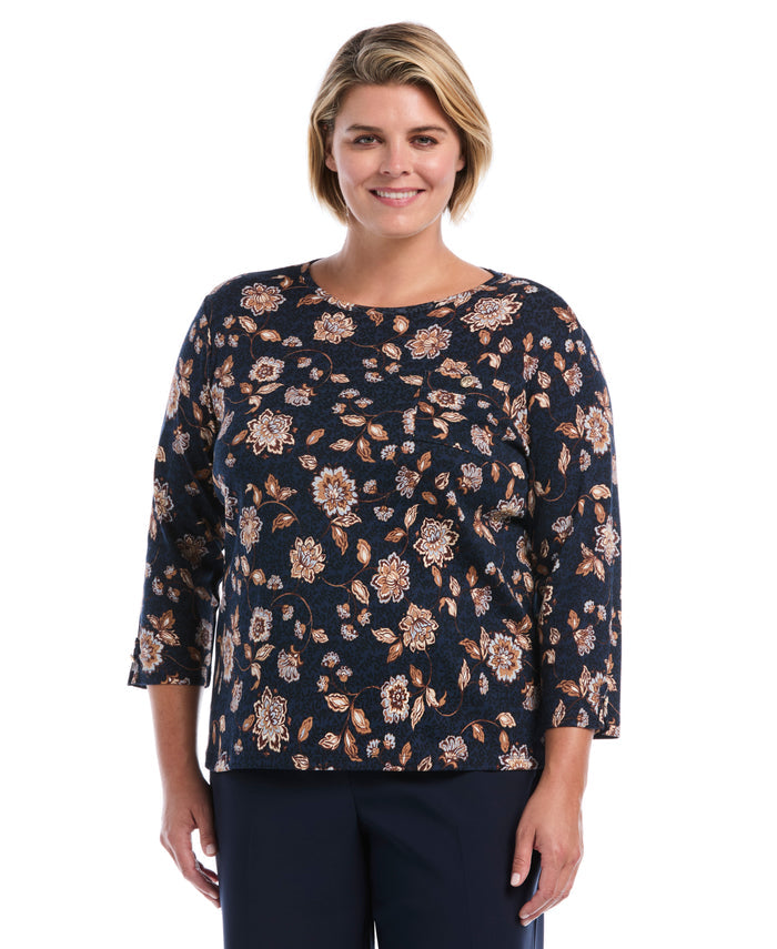 Plus Size Floral Print Button Trim Top (Blue Blizzard)