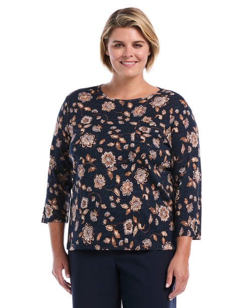 Plus Size Floral Print Button Trim Top (Blue Blizzard)