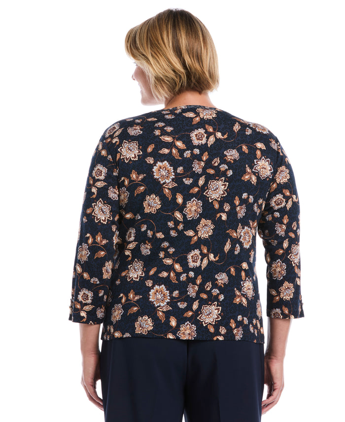 Plus Size Floral Print Button Trim Top (Blue Blizzard)