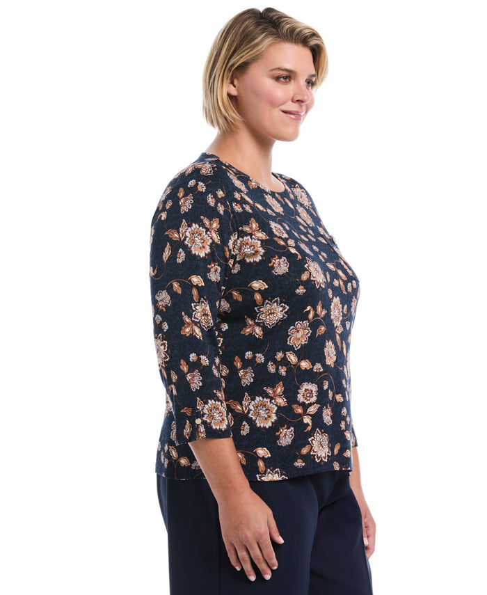 Plus Size Floral Print Button Trim Top (Blue Blizzard)