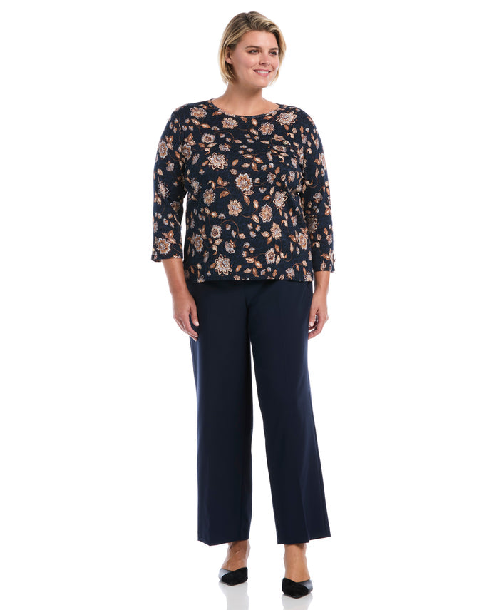 Plus Size Floral Print Button Trim Top (Blue Blizzard)