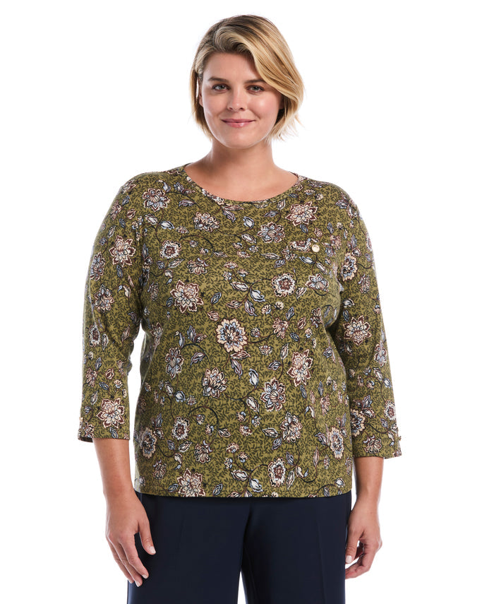 Plus Size Floral Print Button Trim Top (Dried Herb)