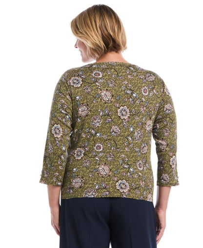 Plus Size Floral Print Button Trim Top (Dried Herb)