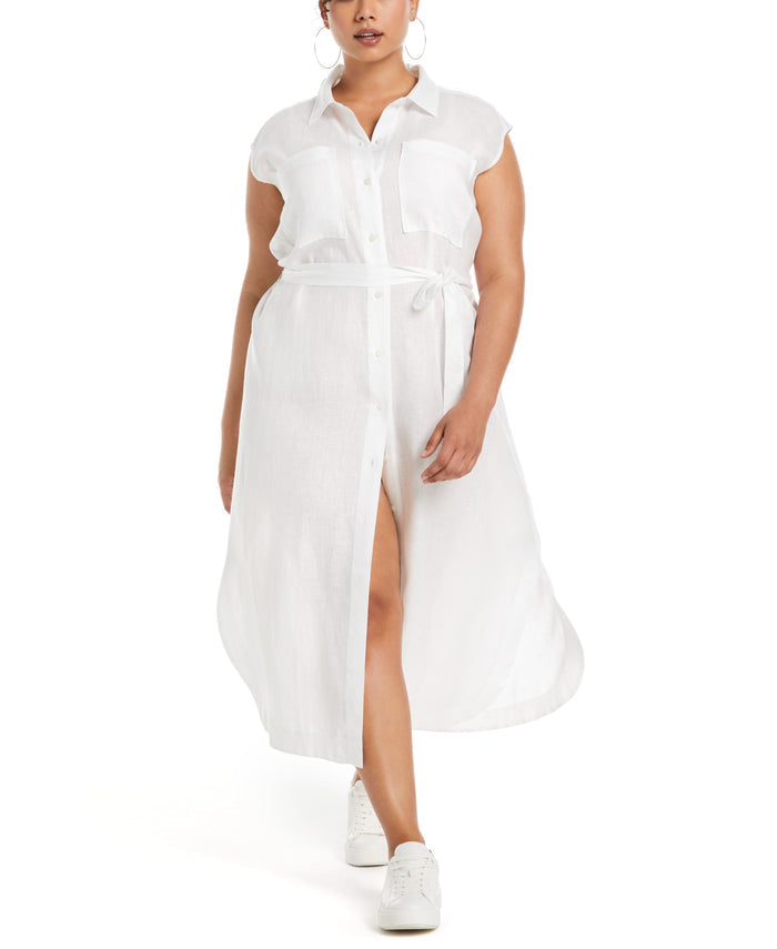 Stripe Linen Shirtdress (White)
