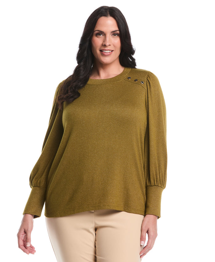 Plus Size Metallic Puff Sleeve Crew Neck Top (Fir Green)