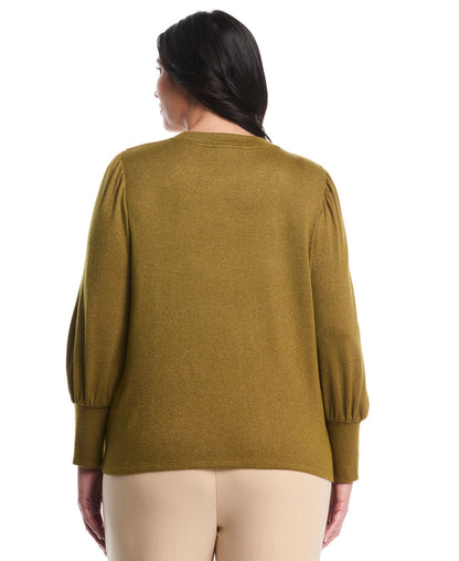 Plus Size Metallic Puff Sleeve Crew Neck Top (Fir Green)