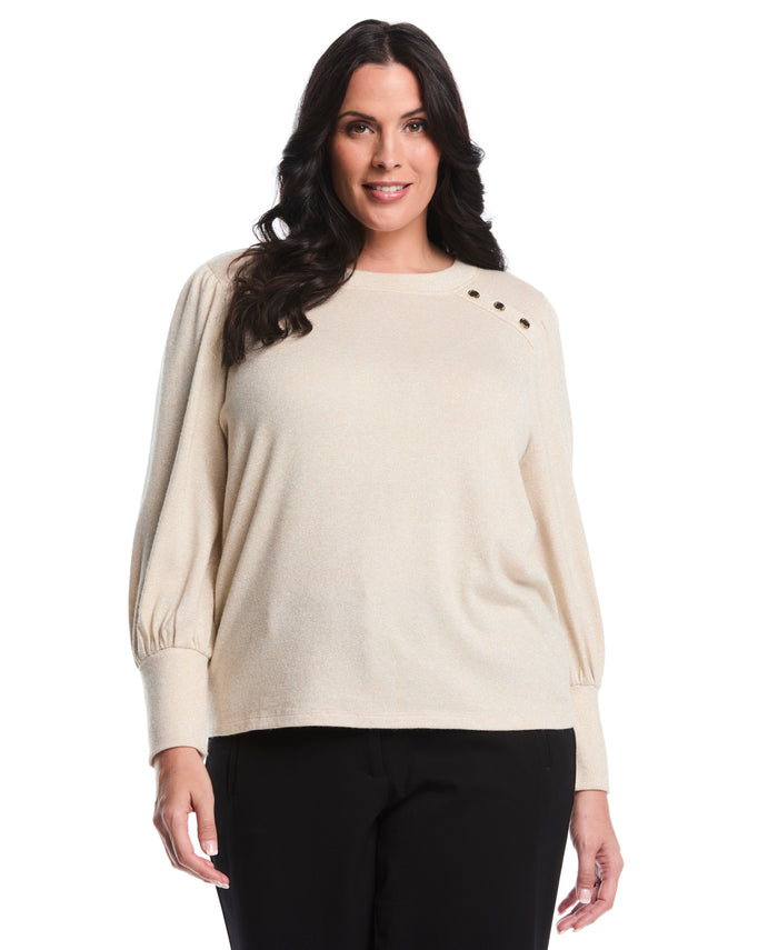 Plus Size Metallic Puff Sleeve Crew Neck Top (Wheat Heather)