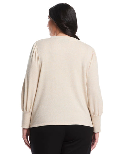 Plus Size Metallic Puff Sleeve Crew Neck Top (Wheat Heather)