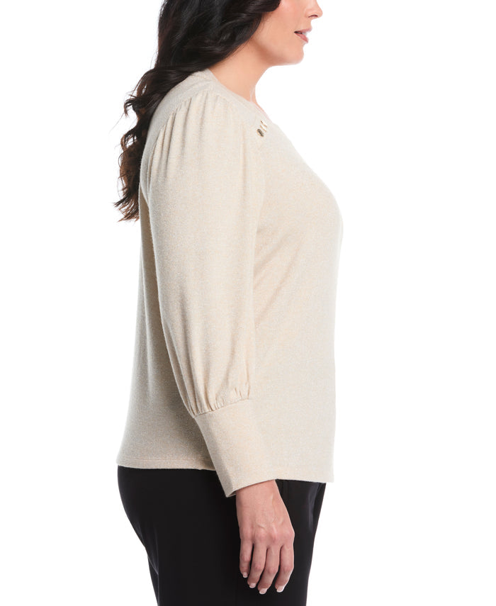 Plus Size Metallic Puff Sleeve Crew Neck Top (Wheat Heather)