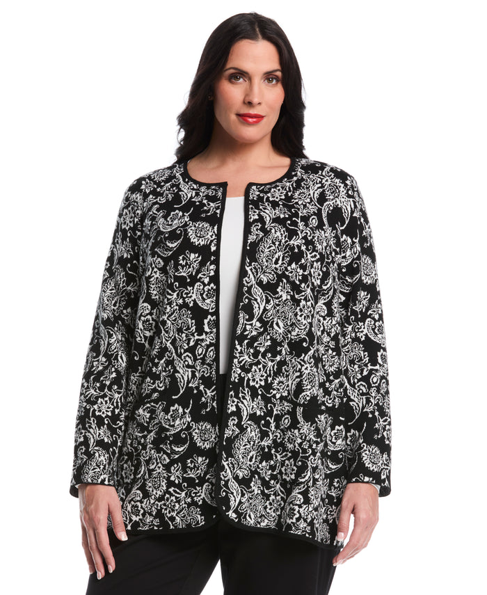 Plus Size Paisley Print Patch Pocket Open Cardigan (Black)
