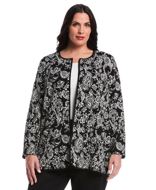 Plus Size Paisley Print Patch Pocket Open Cardigan (Black)