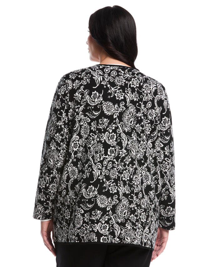 Plus Size Paisley Print Patch Pocket Open Cardigan (Black)