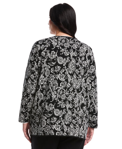 Plus Size Paisley Print Patch Pocket Open Cardigan (Black)